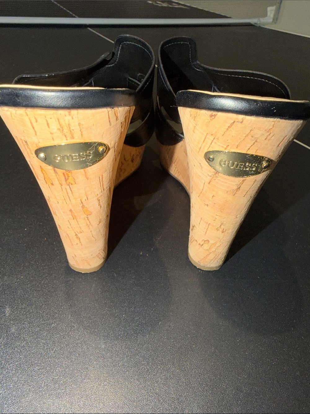 Guess Black Leather Cork Wedge Slide Sandals - Picture 4 of 5